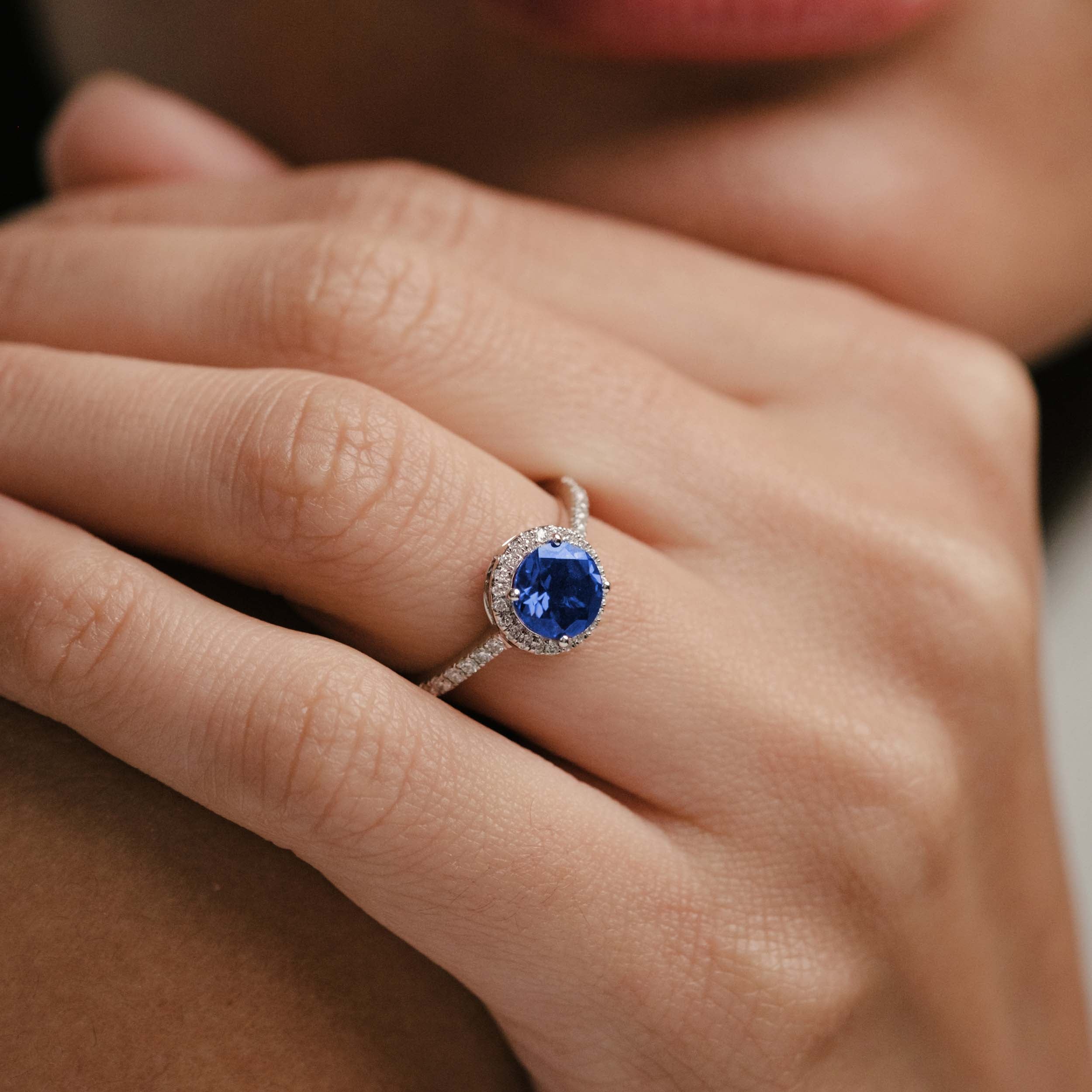 Astra 3.60ct Lab Sapphire and Diamond Halo Shoulder Set Round Cut in Silver